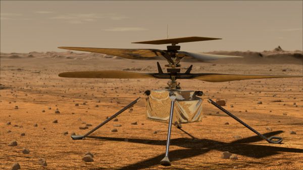 화성 표면에 있는 헬리콥터 인저뉴어티 상상도. 지구 공기 밀도의 1%에 불과한 화성에서 양력을 얻기 위해 날개 회전속도를 지구의 10배로 높여야 한다./NASA