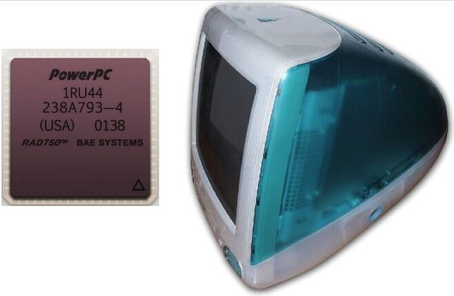 퍼시비런스에 쓰인 컴퓨터 칩 ‘RAD750’(왼쪽)은 1998년에 나온 애플의 최초 아이맥(오른쪽)에 쓰인 프로세서를 기반으로 했다.