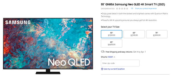 삼성전자 홈페이지에서 사전 예약이 시작된 네오 QLED의 가격은 4K 55인치 기준으로 1599.99달러다. /삼성전자 미국 홈페이지 캡처