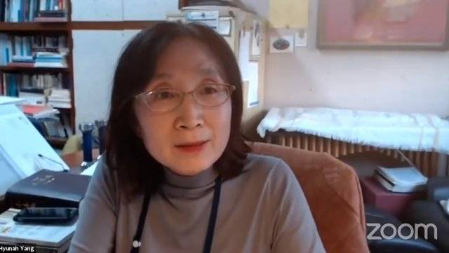 일본군 ‘위안부’ 연구회 회장을 맡고 있는 양현아 서울대 법대 교수가 온라인 화상회의로 열린 국제학술토론회에 참가해 발표하고 있다. 정의기억연대 제공