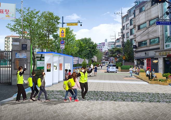 올해 상반기 아이들이 안전하게 다닐 수 있도록 재구성될 예정인 서울 서초구 이수초등학교 옆 이면도로 조감도. 서울시 제공