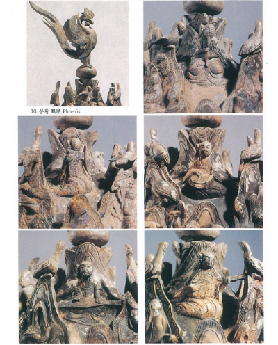 향로의 뚜껑 꼭대기에는 여의주를 턱밑에 안고 있는 봉황이 보이고 5가지 악기로 연주하는 5명의 악사가 표현되어 있다.|국립부여박물관 제공