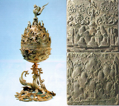 백제 예술의 투톱이라는 금동대향로와 부여 외리 출토 산수인물무늬 전돌. 문양이 비슷하다. 한국 산수화의 원형이라 할만 하다.|국립부여박물관 제공
