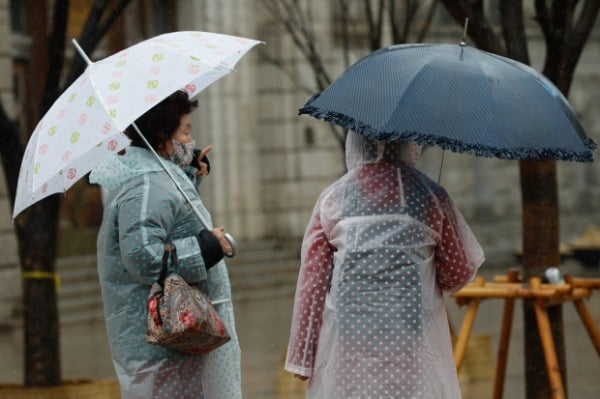지난 1일 서울 중구 서울광장에서 우산과 우비를 쓴 시민이 지나가고 있다. /사진=뉴스1