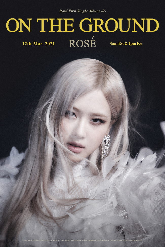 The title of the first album Title of the Solo single by BLACKPINK Rosé (ROS) has been released.According to YG Entertainment on March 5, Rosés single 1 Title song is On The Ground.In addition, the Title poster released with the appearance of Rosé took off the veil.In the Title poster, Rosé completed a glamorous and elegance visual, wearing white-toned costumes and earrings contrasting with a dark black background.His hair, which was scattered over his intense eyes staring straight at the front, overwhelmed the alluring aura.The teaser image of Rosé, which had previously hinted at an unusual story in an empty but dreamy atmosphere, was very different from the teaser image of global fans.Rosés Solo single R soundtrack is being released at 0:00 on the 12th and 2:00 pm on the eastern time of the United States as fans around the world are paying attention.Rosés name, the first letter of the alphabet, also means his other start as a solo artist.It is noteworthy what the message Rosé is trying to convey through the image and echoing music that is captured like a movie.Rosé produced an explosive response by presenting the sub-Title song GONE stage at BLACKPINKs livestream concert THE SHOW (YG PALM STAGE - 2021 BLACKPINK: THE SHOW).The songs teaser (ROS - COMING SOON TEASER) video is now heading for 50 million views on YouTube.Despite the short video of about 33 seconds, the high number of views is very unusual. It is a big glimpse of global fans expectations for the Rosé Solo song.YG said that Rosés solo album Title music video shooting is over two months ago, he said. We are doing our best to work in the second half to improve the completeness because it is a masterpiece with the cost of production.