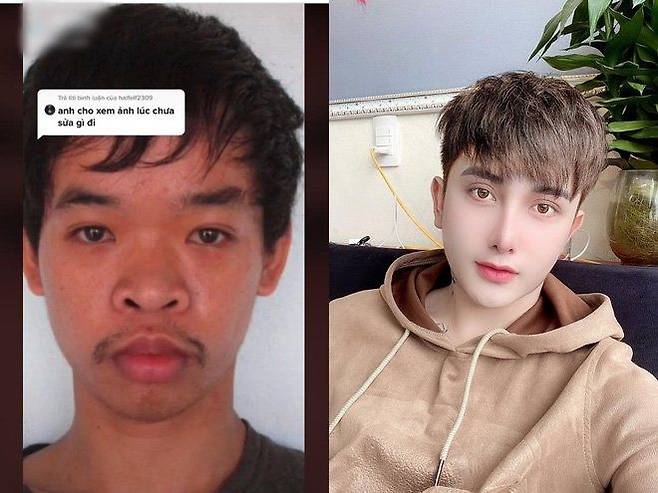 지난달 베트남 호찌민 시에서 메이크업 아티스트로 활동하는 도 쿠엔이 틱톡에 올린 사진. 왼쪽이 자신이 성형하기 전 모습이라고 한다. /틱톡