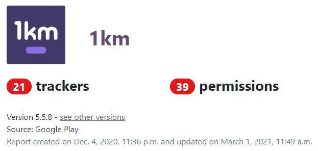 데이팅 앱 ‘1㎞’(운영사 애드엑스)에는 21개의 트래커가 심어져 있었다. 유럽 프라이버시 비영리 단체 ‘엑소더스 프라이버시’ 캡처.
