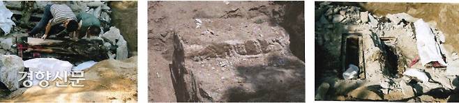 학봉장군 미라의 수습 모습. 돌처럼 단단한 회곽묘를 깨고 간신히 관을 노출시키는 모습이다. |정광호의 논문에서