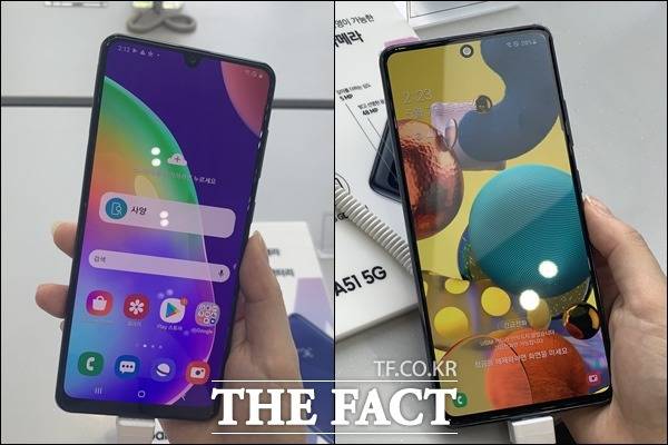 삼성전자는 부팅 로고를 변경해 중저가 제품과 프리미엄 제품의 이미지 간극을 줄일 것으로 보인다. 사진은 지난해 출시된 갤럭시A31(왼쪽)과, 갤럭시A51 모습. /최수진 기자