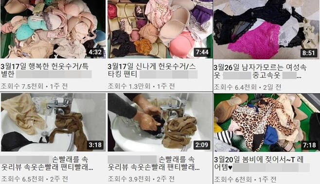 29일 유튜브에는 수거한 중고 의류에 있던 여성 속옷을 손빨래한 뒤 다시 판매한다는 내용의 영상이 다수 올라와 있다./사진=유튜브