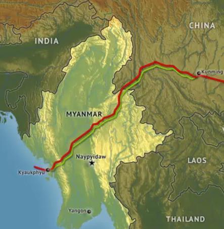 미얀마 짜욱퓨와 중국 쿤밍을 잇는 가스관(빨간색), 송유관(연두색) [고쿤밍 홈페이지 캡처·재판매 및 DB 금지]