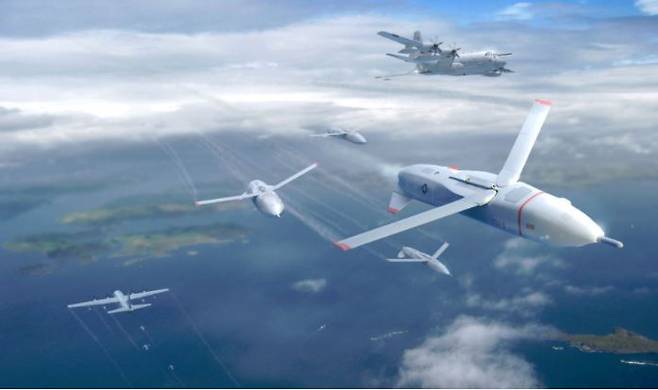 미 국방부 산하기관인 방위고등연구계획국(DARPA)이 개발 중인 ‘공중 항공모함(Flying Aircraft Carrier)’과 이에 활용되는 ‘그렘린(Gremlin)’이란 이름의 드론 개념도. [DARPA]