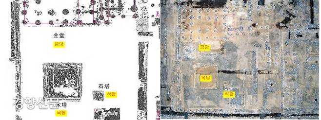 경주 왕경지역에서 발굴된 추정 금입택. 개인저택 안에 금당과 목탑, 석탑 등을 조성했다. 즉 ‘금입택’은 ‘금당이 들어가 있는 집’이라는 뜻이며, 진골 귀족들의 저택 안에 마련한 개인원찰이라는 주장이 있다.|이은석 국립나주문화재연구소장 제공
