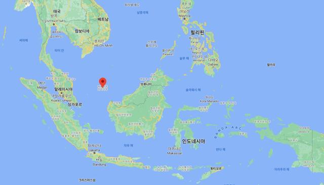 인도네시아 리아우제도 나투나의 람파해협(붉은 표시). 구글지도 캡처