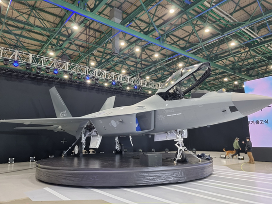 A completed prototype of the KF-21 Boramae awaits its official rollout on Friday at Korea Aerospace Industries's (KAI) headquarters in Sacheon, South Gyeongsang. [NEWS1]