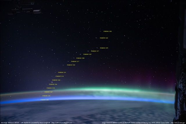 지구 저궤도를 도는 스페이스X 스타링크 군집 위성 모습 (사진=NASA/마르코 랭브록)