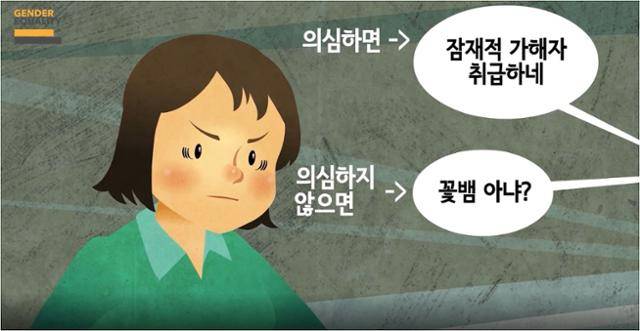 양성평등교육진흥원의 영상 '잠재적 가해자와 시민의 책무' 영상의 한 장면. 여성이 성폭력에 맞서 '방어적 태도'를 취하게 될 수밖에 없지만, 그와 동시에 이러지도 저러지도 못하는 딜레마에 놓여 있음을 설명하고 있다. 유튜브 캡처