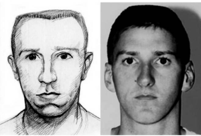오클라호마 연방정부 폭발테러의 주범 티모시 멕베이의 몽타주(오른쪽)와 머그샷. 2001년 사형이 집행됐다. FBI 홈페이지