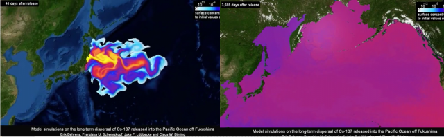 지난 2012년 독일 헬름홀츠 지구해양연구소(Geomar Helmholtz-Zentrum)가 분석한 후쿠시마 원전 발전소 오염수 방출 시나리오. 방류 41일차(왼쪽)와 방류 3,688일차(오른쪽)의 모습. /출처=시나닷컴