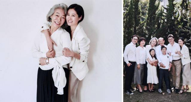 그는 “소리가 배우 하겠다고 했을 때 제 아버지가 당부한 건 ‘가십 거리나 만드는 배우는 되지 말라’는 하나였다”며 “그때 약속을 이제껏 잘 지키고 있다”고 말했다. 오른쪽 사진은 남편 문창준씨와 딸 소리씨, 사위 장준환 감독, 아들 양일씨 내외, 손주들까지 함께한 기념 사진. 이향란씨 제공