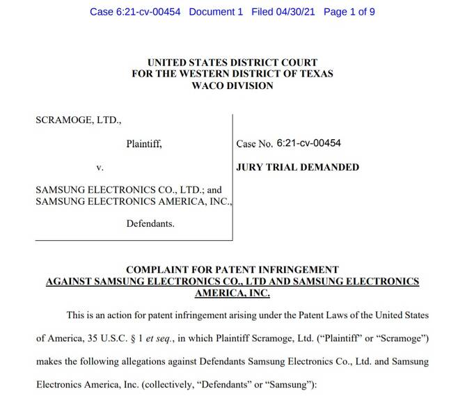 삼성전자가 LG이노텍으로부터 특허를 매입한 유럽의 '특허괴물' 업체로부터 미국에서 소송을 당했다. 사진은 아일랜드 '스크래모지(Scramoge)'가 지난달 30일 텍사스 서부지방법원에 삼성전자를 상대로 제기한 소송의 소장 일부. © 뉴스1