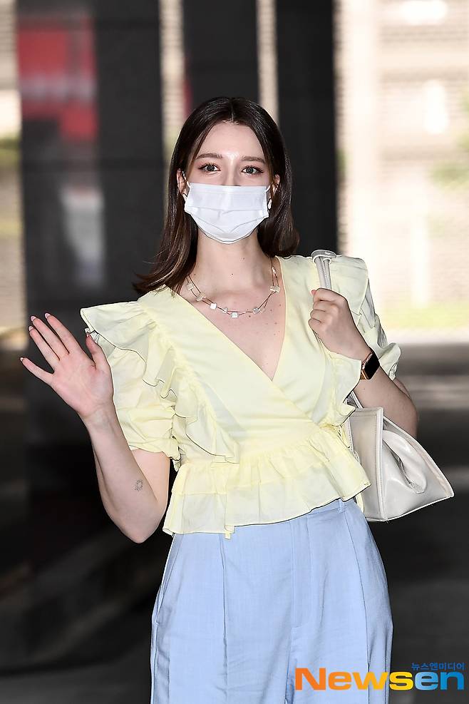 Angelina Danilova is entering the broadcasting station to attend the MBC every1 South Korean Foreigners recording at the MBC Dream Center in Goyanggi Province, Ilsan-gu, on May 7th.