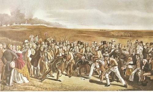 세인트 앤드루스를 배경으로 한 '위대한 매치'라는 골프 그림.