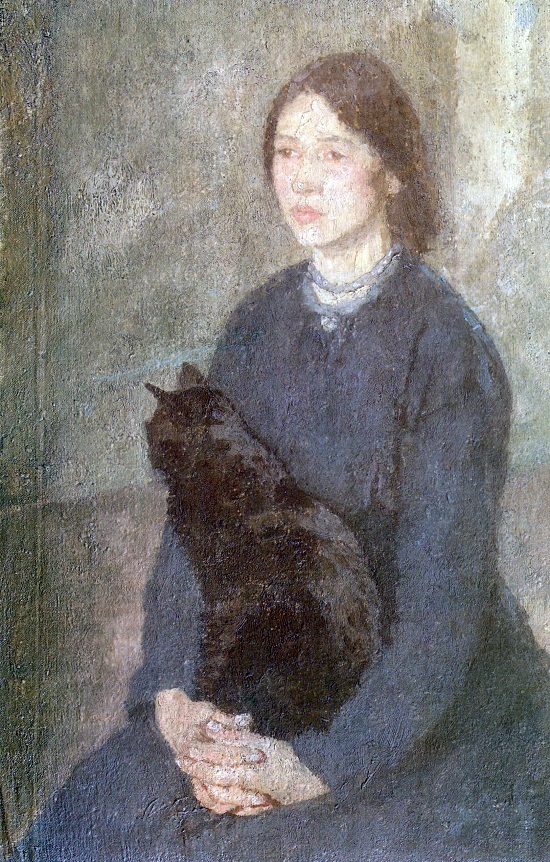 young woman holding a black cat (1920)