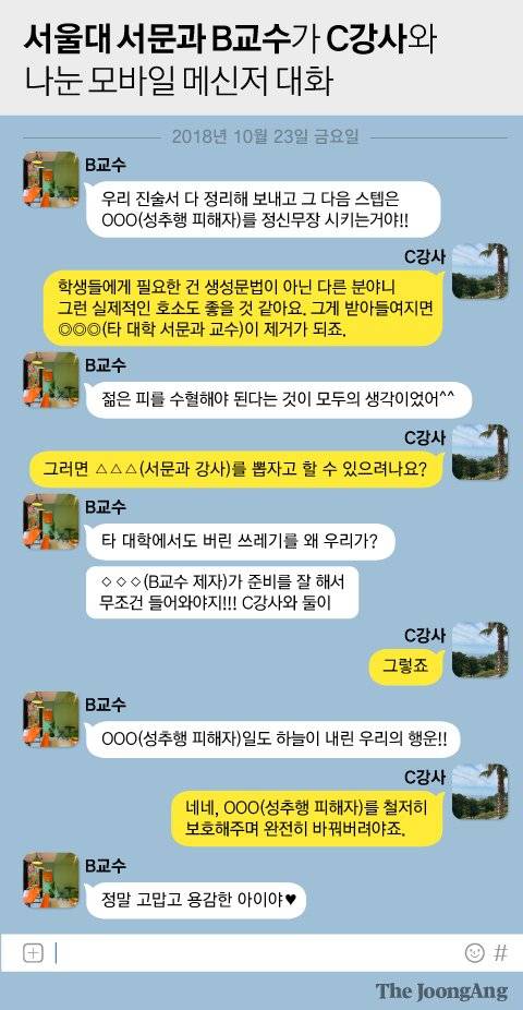 서울대 서문과 B교수가 C강사와 나눈 모바일 메신저 대화. 그래픽=김영희 02@joongang.co.kr
