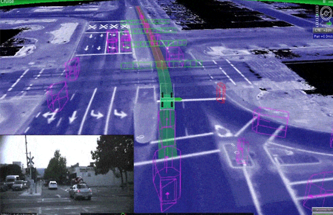 출처: 구글 자율주행차가 주변 상황을 3D 영상으로 모델링한 화면. <출처: IEEE Spectrum 유튜브>
