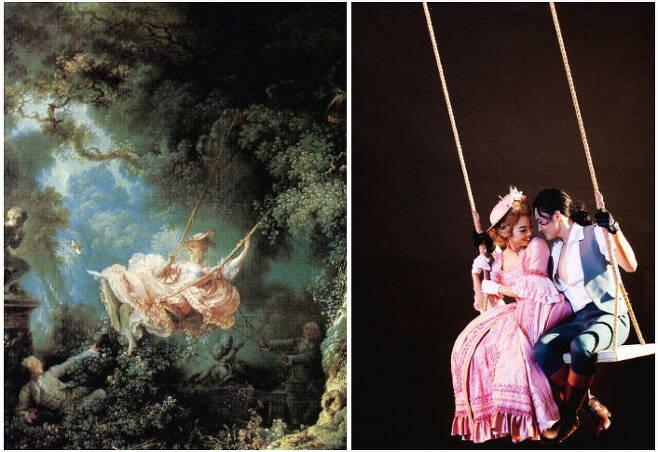 출처: (왼쪽부터) 장 오노레 프리고나르의 '그네' 1766년경, 81×64cm, 런던 월리스 컬렉션, 프라고나르의 ‘그네’에서 영감을 받은 뮤지컬 <컨택트>의 장면 | 네이버 미술대사전, 오디컴퍼니