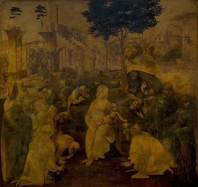 출처: 경배의 순간을 묘사한 작품. 경배의 순간에도, 작품 뒤쪽으로 보이는 전쟁터에도 곳곳에 '말'의 형상이 함께 등장한다. Leonardo da Vinci. The Adoration of the Magi (from 1480 until 1482) | 사진출처 위키미디어커먼스