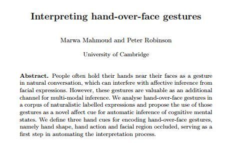 출처: 마와아무드 교수팀 논문 'Interpreting hand-over-face gestures' 캡처