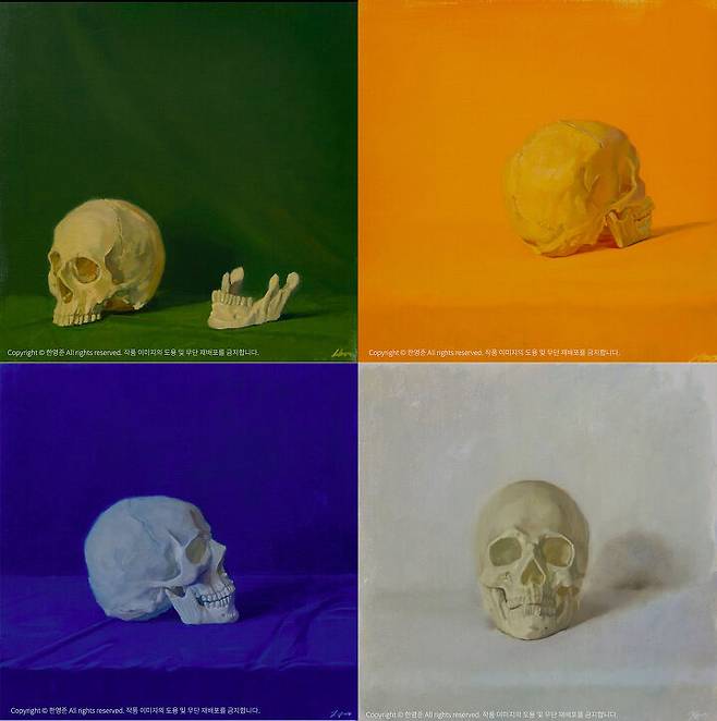 출처: 한영준 <Green #7 skull>, <Yellow #5 skull>, <white #6 skull>, <Blue #6 skull> 캔버스에 유채, 50x50cm