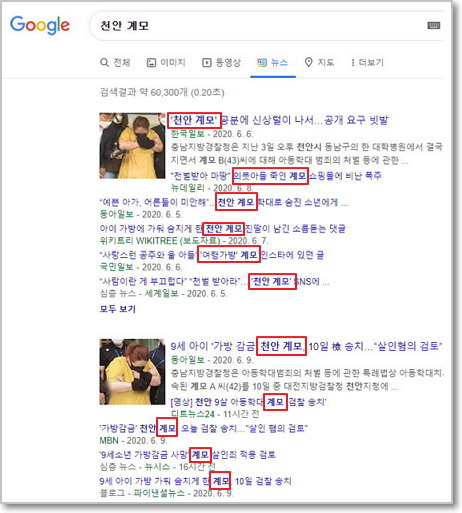 출처: 구글 뉴스에서 ‘천안 계모’로 검색한 모습. ‘계모’라서 아동을 학대한 것인가? 그것이 아님에도 ‘계모’라는 표현에 씌여진 부정적 이미지를 강화하고, 확대한다.