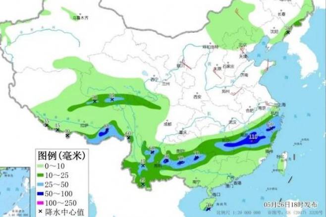 중국 남부와 서부에 26일부터 27일 사이에 많은 비가 내린다는 기상도. 바이두 홈페이지 캡처