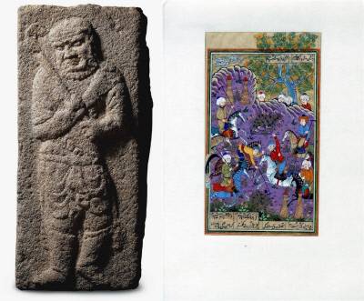 경주 구정동 고분의 네 모서리에 부조된 무인상(왼쪽 사진). 페르시아 스포츠인 폴로경기용 스틱을 쥐고 있다. <쿠쉬나메>에 아비틴과 신라 왕이 폴로경기를 벌였다는 내용이 담겨 있다(오른쪽).