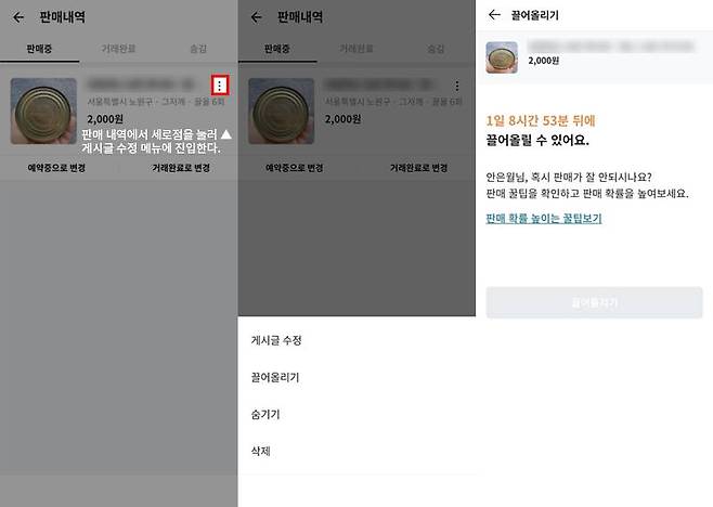 판매내역의 '끌어올리기'는 게시글을 카테고리 상단으로 끌어올린다는 의미다. 끌어올리기는 3일에 한번 할 수 있으며 한번 올릴 때마다 가격을 수정할 수 있다. 출처=IT동아
