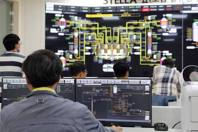 한국원자력연구원 연구원들이 제어실에서 사용후핵연료를 태워 없애기 위한 용도로 개발한 소듐냉각고속로(SFR)의 실증로인 ‘스텔라-2’ 실험 상황을 확인하고 있다. 한국원자력연구원 제공