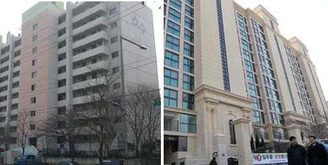 쌍용건설이 서울 마포구 현석동 일대에 지은 '밤섬 쌍용 예가 클래식' 아파트(오른쪽)의 모습. 1990년에 지은 호수아파트(왼쪽)를 국내에서 처음으로 2개 층을 수직 증축해 지은 리모델링 아파트다. / 쌍용건설 제공