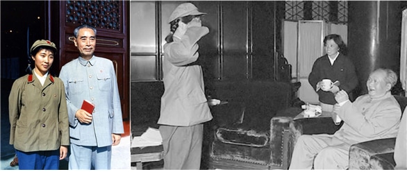 <린뱌오의 딸 린리헝(林立衡, 1944- )의 모습. 왼쪽 사진은 린리헝과 저우언라이(1966), 오른쪽 사진은 마오쩌둥에 경례를 올리는 린리헝의 모습 (1965)/ 공공부문>