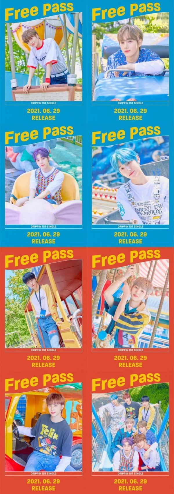 On the 19th, its agency Woollim Entertainment released the first concept photo of the first single Free Pass by dripin (Cha Jun-ho, Hwang Yoon-sung, Kim Dong-yoon, Lee Hyo-hyeop, Joo Chang-wook, Alex, and Kim Min-seo) through the official SNS channel.The photo shows the youthful appearance of the dripin members who seem to enjoy the summer picnic in the background of the amusement park.The members perfected the free and colorful street fashion and unfolded seven colors of seven.In particular, Dripin, who tried to change her colorful hairstyle with different colors such as mint, deep blue, ash, red, and purple, showed off her cool clean visual and caused fans to react hotly.