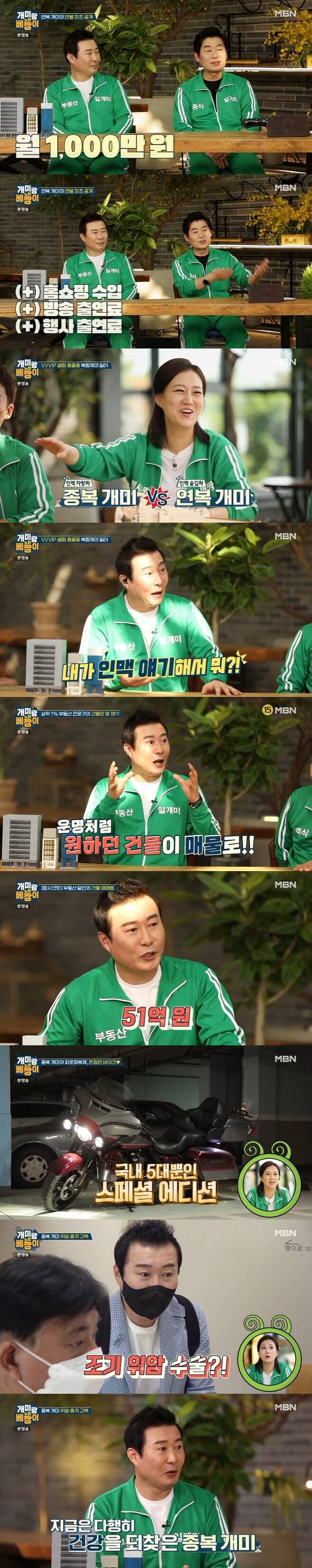 Cooking researcher Lee Yeon-bok and Real Estate consultant park jong-bok were laughing in a different way.MBN Ants and Playing Grasshop broadcast on June 21 revealed Lee Yeon-bok, park jong-bok daily life.Park jong-bok said, Customers come over on weekends and work for about 360 days, and I have a lot of rest for five days.Since then, Park jong-bok has shown a model of his consulting building.This is a So Ji-sub building, this is a Seo Jang-hoon building, Park jong-bok explained.Park jong-bok went to work at 5 a.m. Park jong-bok went to work and showed his pride when he heard that his recommended sale had risen in price.The company operated by park jong-bok was a large company with 150 employees; Jang Yun-jeong was surprised that it was not a Bokdeokbang feeling; its a company.Park jong-bok used his meal time to meet with an acquaintance; park jong-bok predicted an area where the sale would rise as a Real Estate consultant in 28 years.After the breakfast meeting, Park jong-bok conducted a real estate field survey with a new employee.Park jong-bok handed down the real estate investment honey tips by looking at Lee Mun-se and Oh Yeon-su Son Ji-chang.Lee Yeon-bok Chef routine was then drawn; Lee Yeon-bok also worked as busy as the famous Chinese Chef.However, he showed his warmth by eating sweet and sour pork, rice, and kimchi stew.When asked by Jun Hyun-moo, When did you start working on a Real Estate?, Park jong-bok said: I married in 1997; my honeymoon home was a branch office.It was 1.5 stories underground, and it was raining back. It was so sad because the children were bitten by ants. I worked really hard to escape from the underground. I moved 26 times. I was a lawyer secretary, but I did not have much income.I was in charge of a lot of real estate lawsuits, but those who did not have expertise did real estate and lightly believed in real estate agents.It was just my style, he said.Lee Yeon-bok said of his salary, Paycheck is frankly 10 million won per month. Home shopping income, broadcast performance fee, event performance fee This is not a certain income.Its a corporate operator, replied Jun Hyun-moo, youre looking for a lot of entertainer customers Lee Yeon-bok Restorant.Is there a celebrity who comes often? Lee Yeon-bok said, Its not a name to mention.Celebrities provide a place for secret dates. I give a room when I go out because I do not know whether to marry or not. Jang Yun-jeong said: I can feel the two peoples textures are different here: Lee Yeon-bok Chef doesnt mention the real name.Park jong-bok said, So Ji-sub, Seo Jang-hoon talked about earlier. Park jong-bok laughed, saying, So I am light.Jun Hyun-moo asked Park jong-bok, who runs six corporate companies, How many buildings do you have? And Park jong-bok said, Apartment, six buildings except for houses.I do not think taxes are scary, but I hope you will invest boldly in what is worth rising. Park jong-bok also unveiled his favorite building. Park jong-bok said, I recently bought one. Hannam-dong. Its a place Ive been watching for five to six years.I just got paid for it because I had to buy it for 5.1 billion won. I wanted to pay the office.I dont do it in my name when Im signing a Real Estate contract. Send an agent. You can change your name until the date of designation.If you know that the contractor is me, you may ask for more prices, or you may think, What is your plan? The remittance is also in the name of another person. Lee Yeon-bok then gained YouTube advice from his acquaintances, took a picture of a novice YouTuber, and Park jong-bok showed off his affection for a limited edition bike and emanated a charm of reversal.In particular, park jong-bok confessed to having a stomach cancer surgery; park jong-bok said, I did a health checkup and was diagnosed with early gastric cancer.The doctor said he had surgery and had not metastasized. He asked me to check again after six months.
