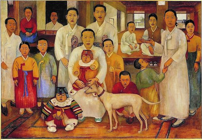 배운성이 1930년대 전반 백인기 가족과 자신(맨 왼쪽)을 그린 '가족도'. 배경으로 등장하는 서울 명륜동의 백인기 가옥은 이후 정무묵 소유가 됐다. /국립현대미술관