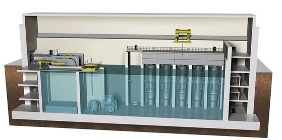 두산중공업이 전략적 협력관계를 맺고 있는 미국 뉴스케일 사의 소형모듈원전(SMR, Small Modular Reactor) 건물 내부 모습. 소형 원자로 5기가 한 수조에 나눠서 설치돼 있다. [사진 두산중공업]