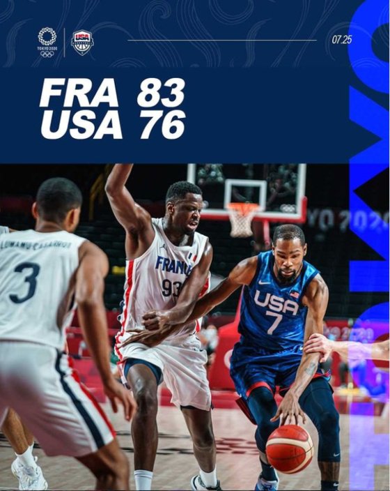 미국이 도쿄올림픽 첫 경기에서 프랑스에 덜미를 잡혔다. [사진 미국 농구대표팀 인스타그램]