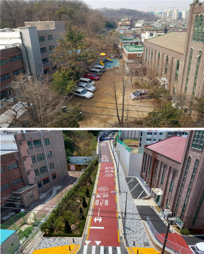서울 양천구 신정3동 도로 개설 사업 추진 전(위 사진)과 후의 모습.   양천구 제공