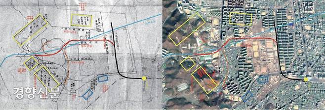 극비문서에 첨부된 부평 조병창 지하화 계획 지도(왼쪽)와 현재 인천시 부평구 동일 지역의 위성사진/부평문화원 제공