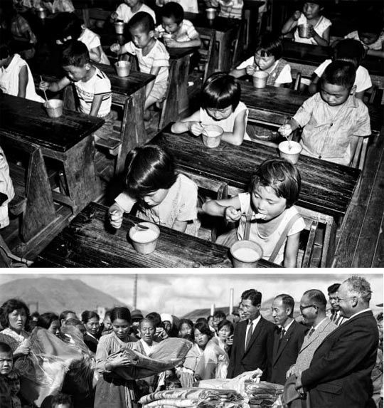 미국의 ‘대외 원조 물자 발송 협회(CARE)’의 원조를 받은 한국 어린이들이 급식을 먹는 장면(사진 위)과 유엔 한국재건단(UNKRA) 관계자들이 1959년 구호물자 전달을 참관하는 모습/조선일보DB