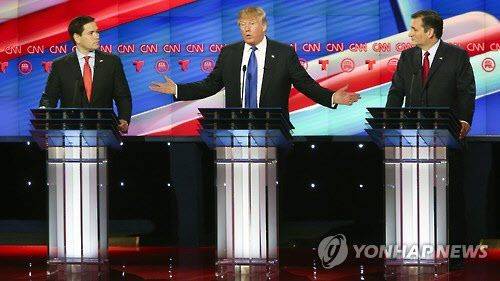 2016년 미국 공화당 대통령 후보 경선 TV토론에 나선 도널드 트럼프(가운데)·마르코 루비오(왼쪽)· 테드 크루즈(오른쪽)/연합뉴스